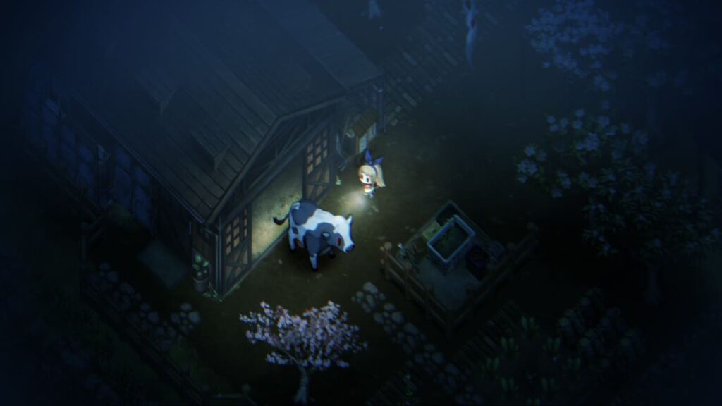 夜に動物小屋の扉を開ける