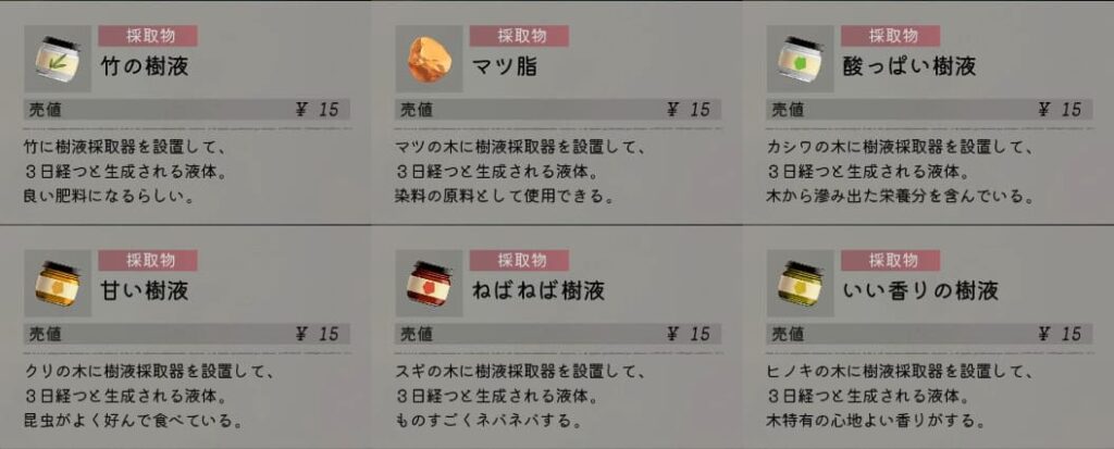樹液の一覧